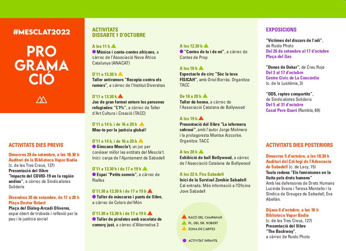 fundaciomain's tweet photo. Avui participem a les mostra d’Entitats del Mescla’t.
Vine conèixer el projecte de cooperació internacional #Tsemba.
Us hi esperem!!!
🗓 Dissabte 1 d'octubre
⏰ Fins 21 h
📍 Rambla
#Cooperació
#Mesclat
#Entitats https://t.co/jMjOnnB0pg