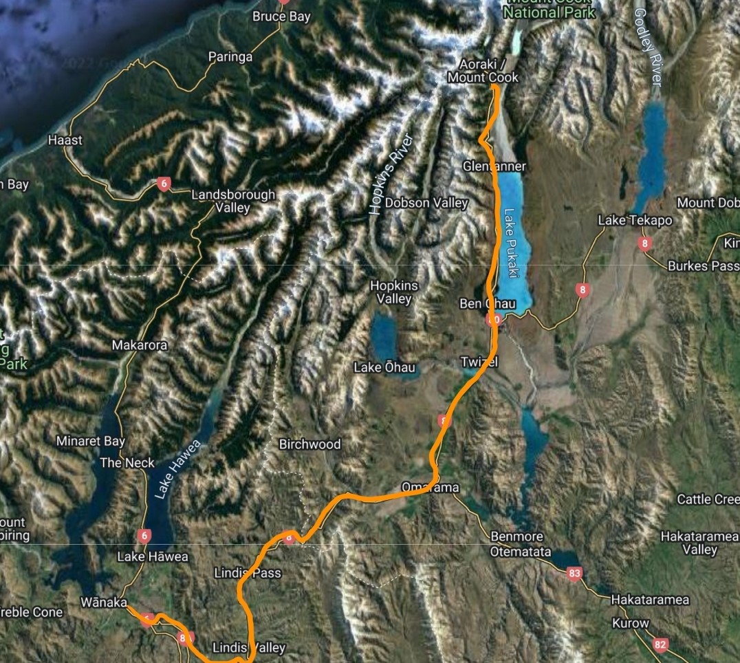 Map from Wanaka to Aoraki Mt Cook 