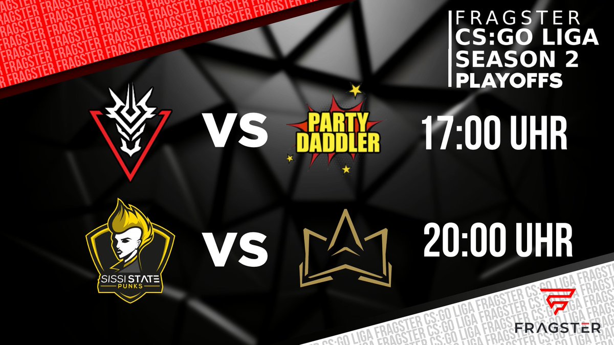 Fragster (@fragsterd) on Twitter photo LET'S GO! Heute starten die Playoffs der Fragster CS:GO Liga S2!
17 Uhr beginnt das Spektakel mit dem Spiel <a href="/SNOGARD_Dragons/">SNOGARD Dragons 🐉</a> vs <a href="/PartyDaddler/">SaintAndrewsCross</a>.
Um 20 Uhr ziehen <a href="/SissiStatePunks/">SissiStatePunks</a> vs <a href="/TTC_eSport/">TouchTheCrown</a> nach.
Stellt euch schonmal den Wecker und seid dabei!
#FragsterLiga LET'S GO! Heute starten die Playoffs der Fragster CS:GO Liga S2!
17 Uhr beginnt das Spektakel mit dem Spiel <a href="/SNOGARD_Dragons/">SNOGARD Dragons 🐉</a> vs <a href="/PartyDaddler/">SaintAndrewsCross</a>.
Um 20 Uhr ziehen <a href="/SissiStatePunks/">SissiStatePunks</a> vs <a href="/TTC_eSport/">TouchTheCrown</a> nach.
Stellt euch schonmal den Wecker und seid dabei!
#FragsterLiga