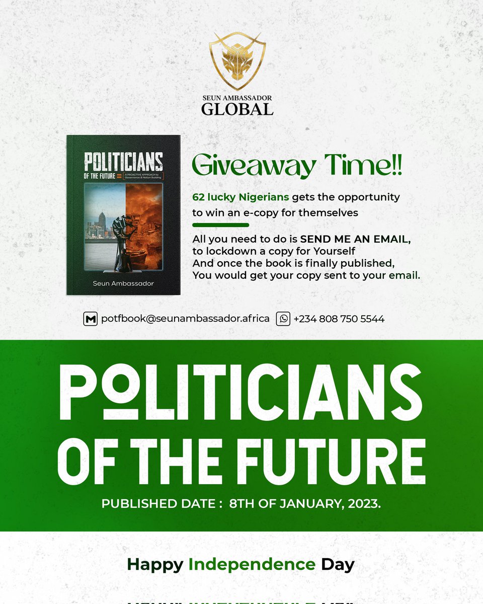 Seun_Ambassador's tweet photo. Happy 62nd Independence Day, My Fellow Nigerians
In the Spirit of this Independence Day Celebration, I want to do a #giveaway to 62 Nigerians, who would ONLY be required to do just 2 simple tasks. But they have to make sure they’re following @Seun_Ambassador
#IndependenceDay
/1 https://t.co/ThSGW2kJoh