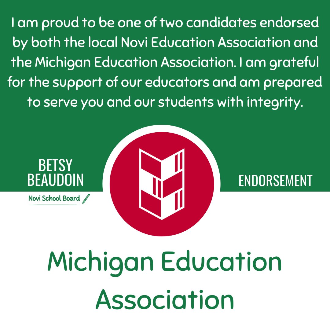 betsy4ncsd's tweet image. The endorsements of the Michigan Education Association &amp;amp; the Novi Education Association mean a lot to me. Student success grows from the hard work of our educators, and they deserve to be heard &amp;amp; respected. I pledge to continue to do that when you vote #betsy4ncsd.