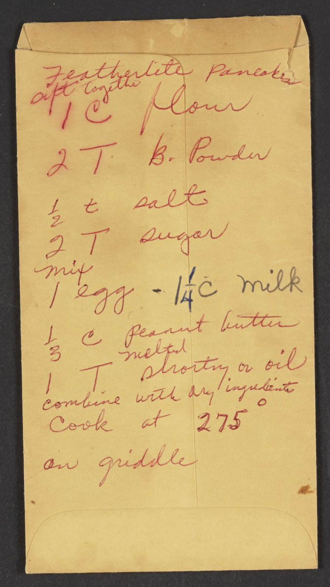 What’s for breakfast? Try Rosa Parks’s recipe for peanut butter pancakes. You can find the recipe in her own handwriting from the <a href="/librarycongress/">Library of Congress</a> collection. 
loc.gov/resource/mss85…