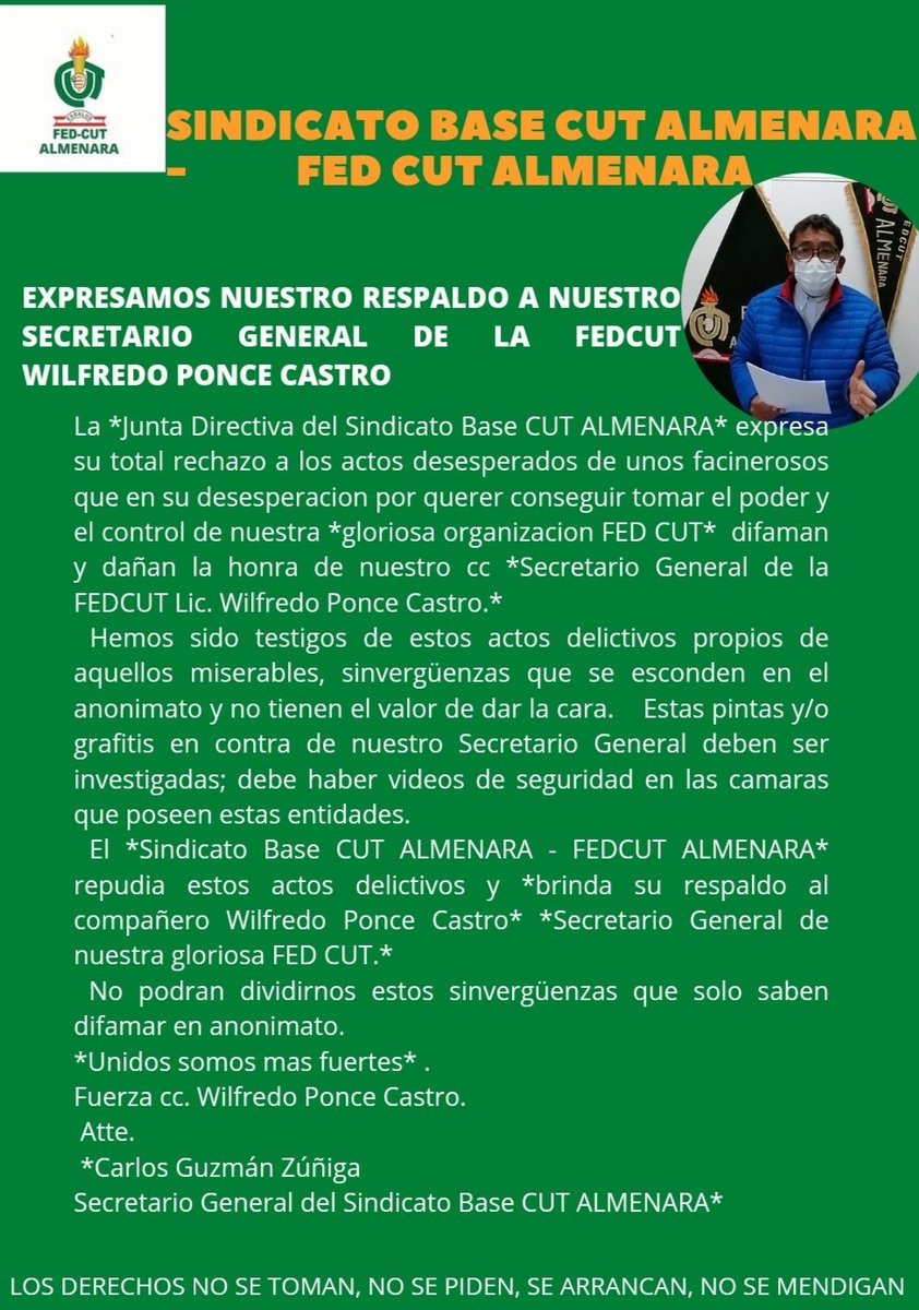 CarlosGuzmanZ1's tweet photo. Los cambios no se logran difamando a las personas, los cambios se logran con trabajo, honestidad, transparencia.
Nuestro rotundo rechazo a estos actos delictivos.
Nuestro firme respaldo a nuestro Secretario General de la FEDCUT Wilfredo Ponce Castro. Unidos somos mas fuertes. https://t.co/HSLqygfvwJ