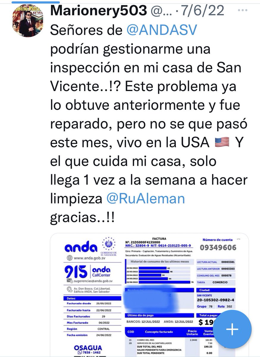 marionery503's tweet photo. Señores de @ANDASV hace 3 meses atrás les pedía una inspección en mi casa por cobro de 190 dólares de agua, vean hoy lo que me salió, casa sola, enviaron a una joven que no conocía San Vicente, menos sabía de agua, de tuberías mucho menos sabía, @RuAleman que puedo hacer..!? 🥹🥹 https://t.co/UAcTHqLjpP