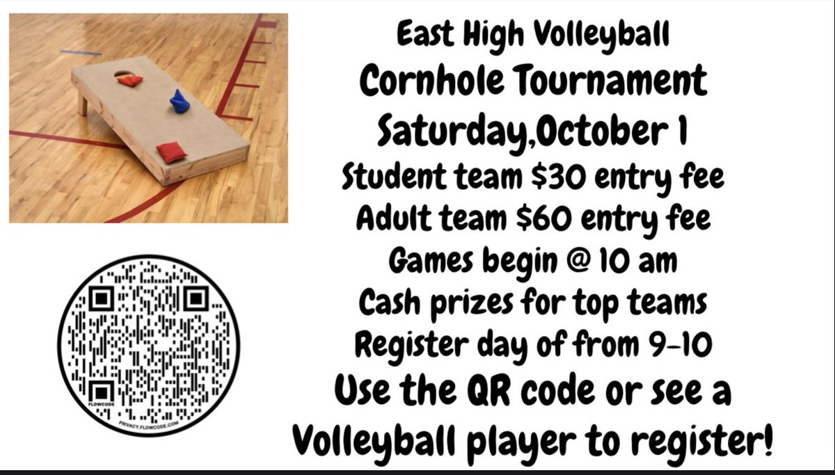 MoEastVB's tweet photo. Don’t forgot about our Cornhole tournament this morning. Come out and support Lady Canes Volleyball on this cold rainy day. #GONCANES https://t.co/3e3kshzwzi