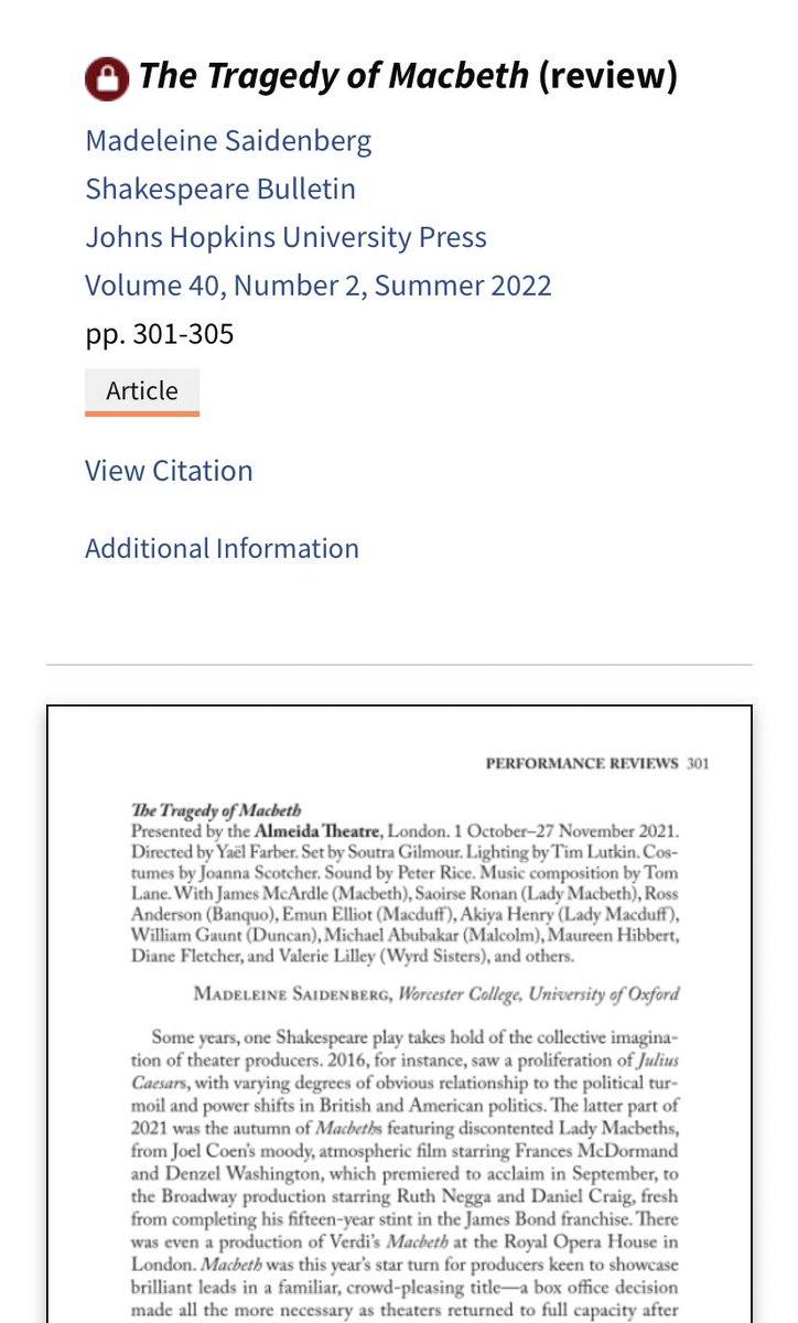 The new issue of <a href="/ShaxBull/">Shakespeare Bulletin</a> is out, and so is my review of the Saoirse Ronan/Almeida Macbeth! It was such a pleasure to have my first academic review on such a rich production. Thanks <a href="/KathrynVSantos/">Kathryn Vomero Santos</a> &amp; can’t wait to read the rest of the issue!