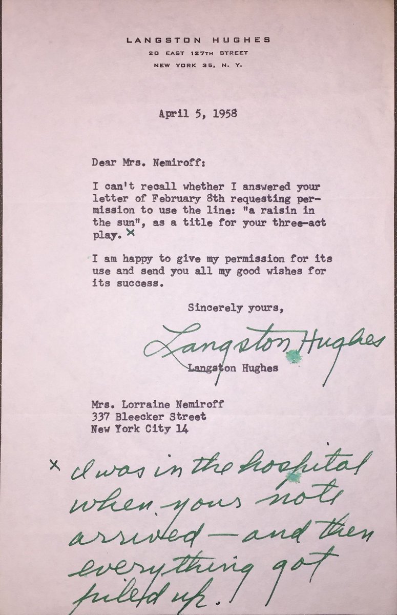 BeineckeLibrary's tweet photo. "My dear Mr. Hughes: I am the author of a three act dramatic play on Negro family life. I have tentatively chosen as a title for this work a line from one of your poems. The line is: 'a raisin in the sun.'" Lorraine Hansberry to Langston Hughes &amp; his reply, 1958 @YCAL_JWJ https://t.co/LHZ9GI9qZR