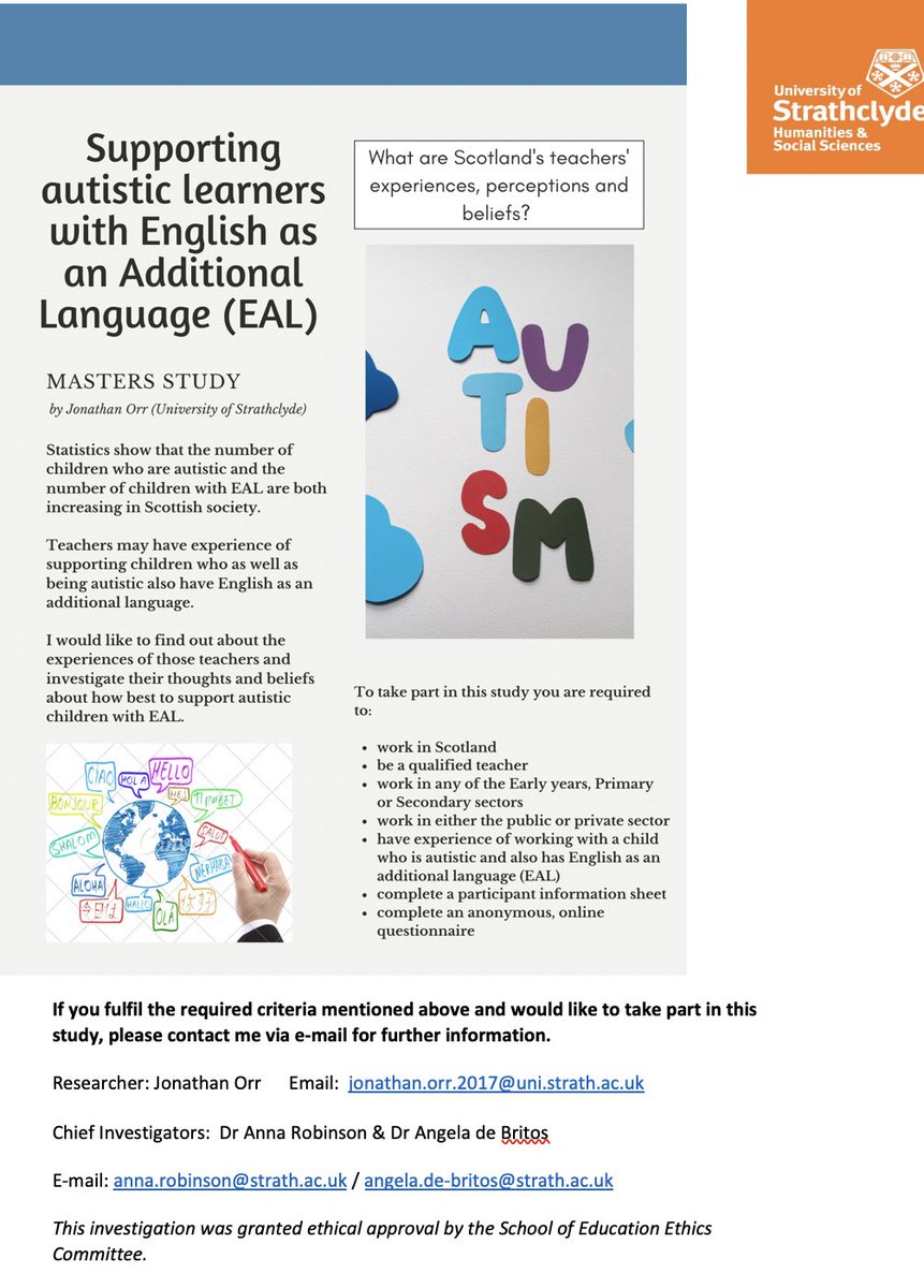 We’re looking for participants for our new study! Are you a? #Teacher #Teaching #Autistic pupils who have #EAL in #Scotland #EarlyYears #Primary #Secondary to share their experiences of best support! 🤔 RT &amp; contact Jonny on Jonathan.Orr.2017@strath.ac.uk 🙏