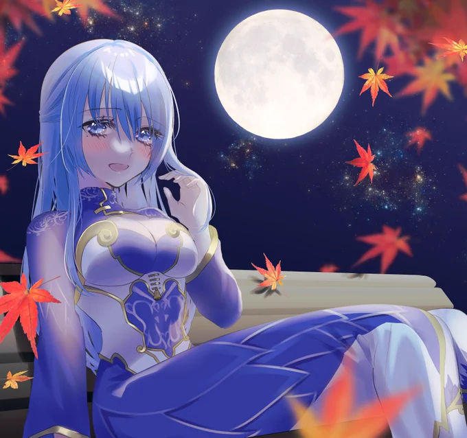 skebリクエストより、月夜に照らされるブルーロータスちゃん#花騎士 #フラワーナイトガールイラスト 