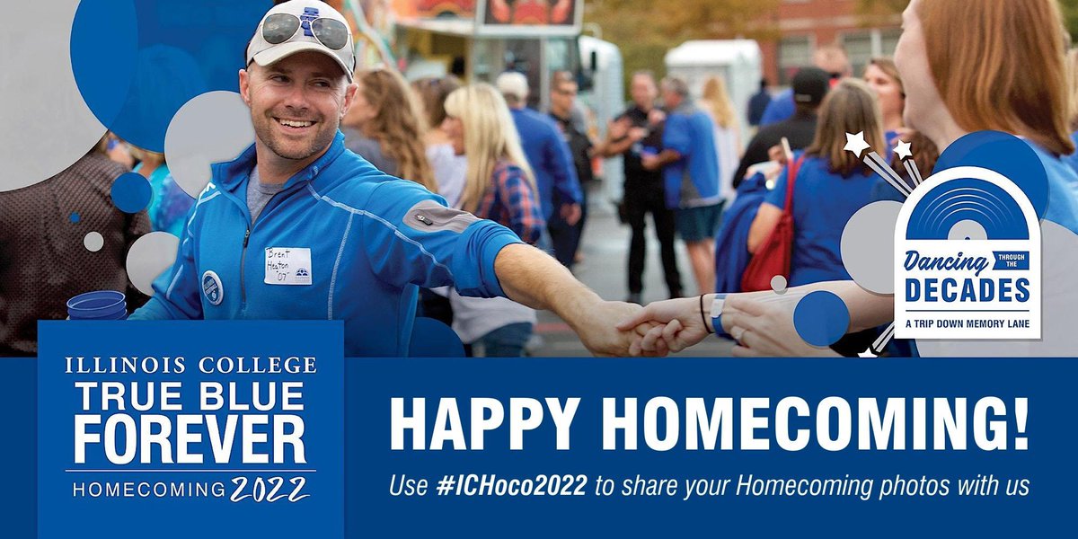 Happy Homecoming! 💙🎶 Use #ICHoco2022 to share your Homecoming photos with us. #IllinoisCollege #TrueBlueForever #DancingThroughTheDecades