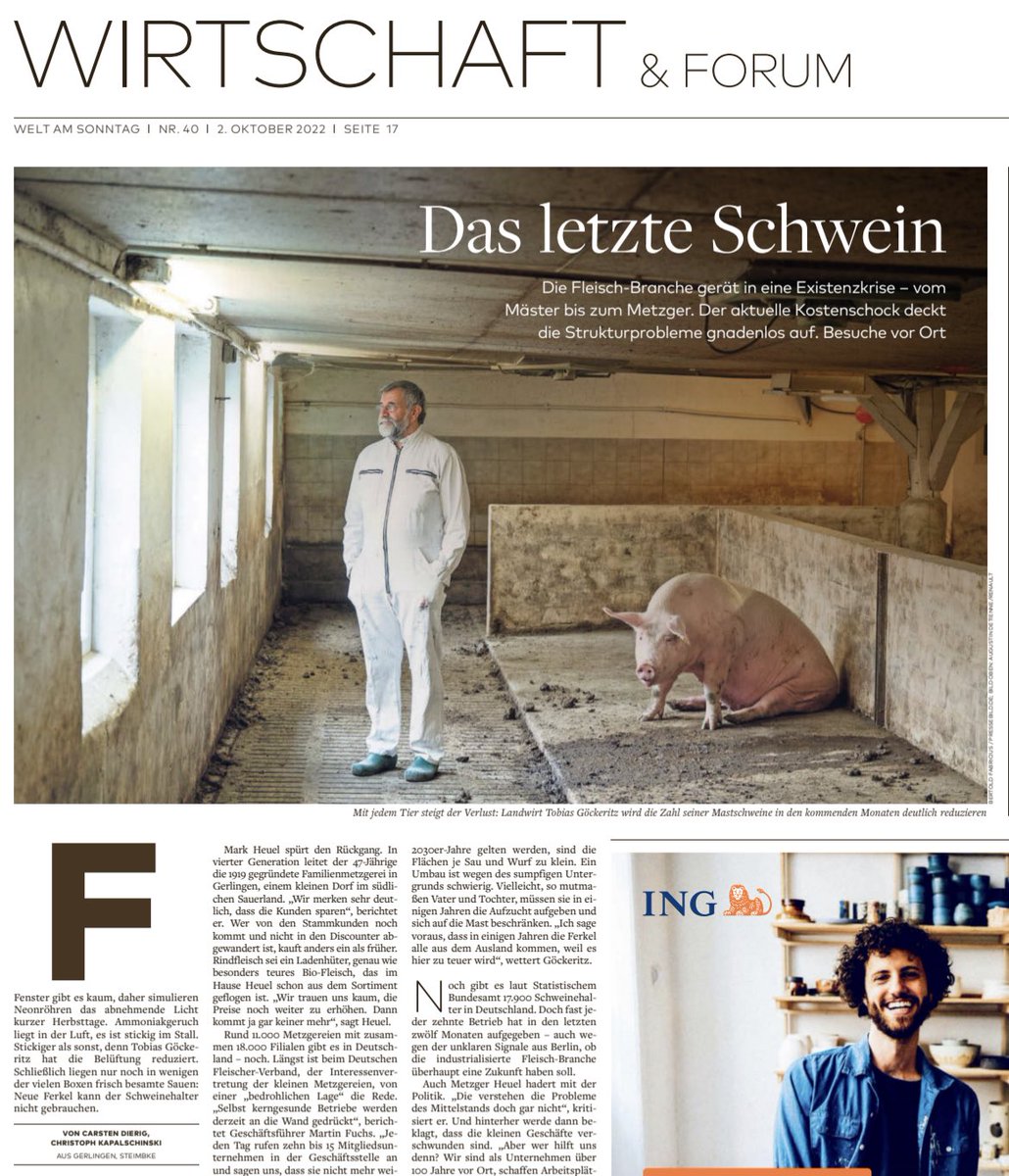 Zwei Ausflüge aufs Land: Wie gehen ein Schweinemäster in Niedersachsen und ein Metzger im Sauerland mit Kostensteigerungen und Nachfrageeinbruch um? (Hat sich schon allein für das Foto von ⁦<a href="/pressebild/">Bertold Fabricius</a>⁩ gelohnt.)

⁦<a href="/WELTAMSONNTAG/">WELT AM SONNTAG</a>⁩ ⁦<a href="/CarstenDierig/">Carsten Dierig</a>⁩ ⁦