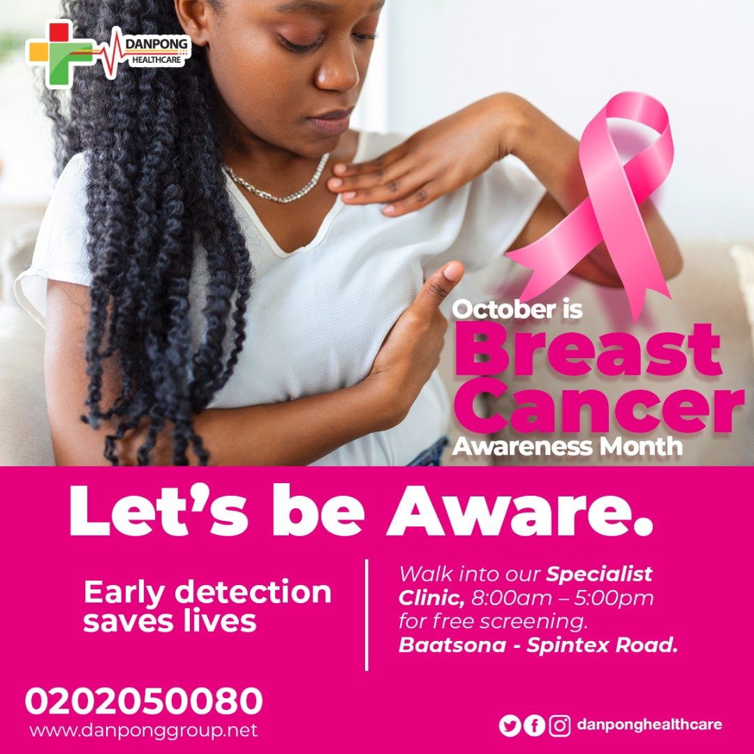 DanpongHealth_'s tweet photo. This October is Breast Cancer Awareness Month.
Remember early detection saves life.
Walk in to Danpong Healthcare on the Spintex Road and get screened for free from Monday to Saturday 8am-5pm this October.
#Danpongcares
#Breastcancer
#Cancer
#Healthandhappy https://t.co/OCXfaNClf1