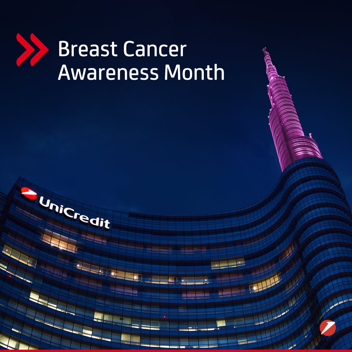 UniCreditEurope's tweet photo. ๐ October is #BreastCancerAwarenessMonth, a moment to educate people about the disease, how to prevent it and how to recognise early symptoms.
ย
The spire of the #UniCreditTower in Milan lights up pink to remind people of the importance of early diagnosis to fight this disease. https://t.co/t9n3sAVy5Z
