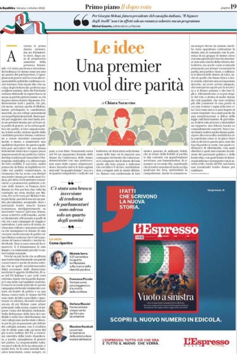 Avremo il nostro Premier donna. Ma un parlamento dove la rappresentanza femminile cala a picco a causa delle liste a decisa presenza maschile. Ne parla #chiarasaraceno su @repubblica 

#premier #ElezioniPolitiche22 #womenomics