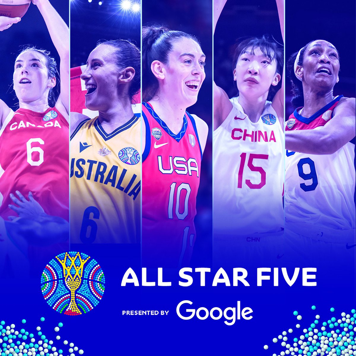 ⭐️ <a href="/Google/">Google</a> 𝐀𝐋𝐋-𝐒𝐓𝐀𝐑 𝐅𝐈𝐕𝐄 ⭐️ 

🇨🇦 Bridget Carleton
🇦🇺 Steph Talbot
🇺🇸 Breanna Stewart 
🇨🇳 Han Xu 
🇺🇸 A’ja Wilson 

#FIBAWWC