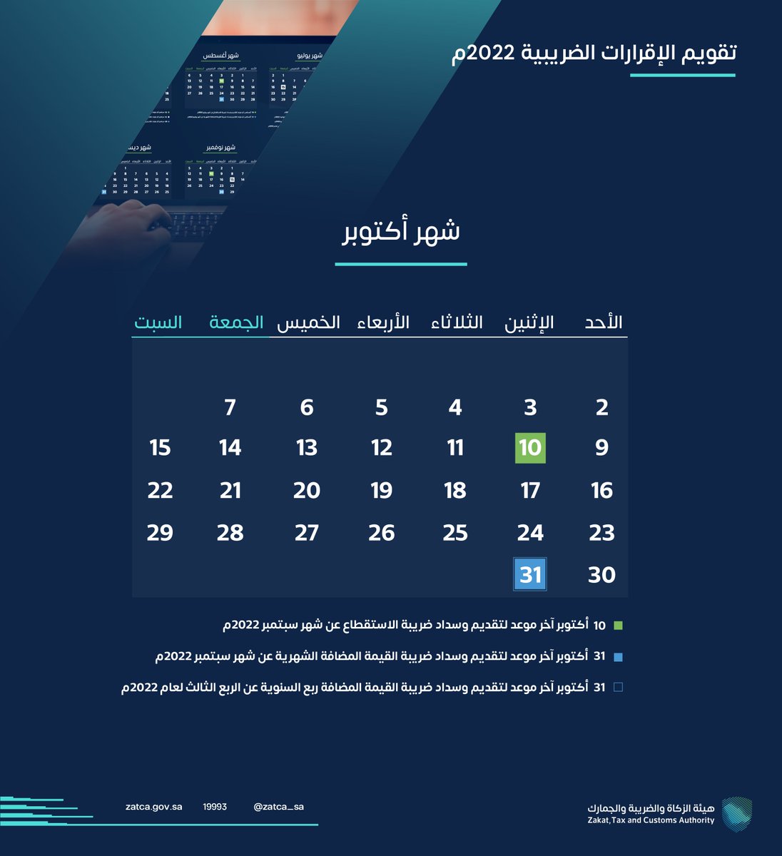 Zatca_sa's tweet photo. تعرفوا على مواعيد تقديم #الإقرارات_الضريبية لشهر أكتوبر.  
#زاتكا https://t.co/0MhoumJT8J
