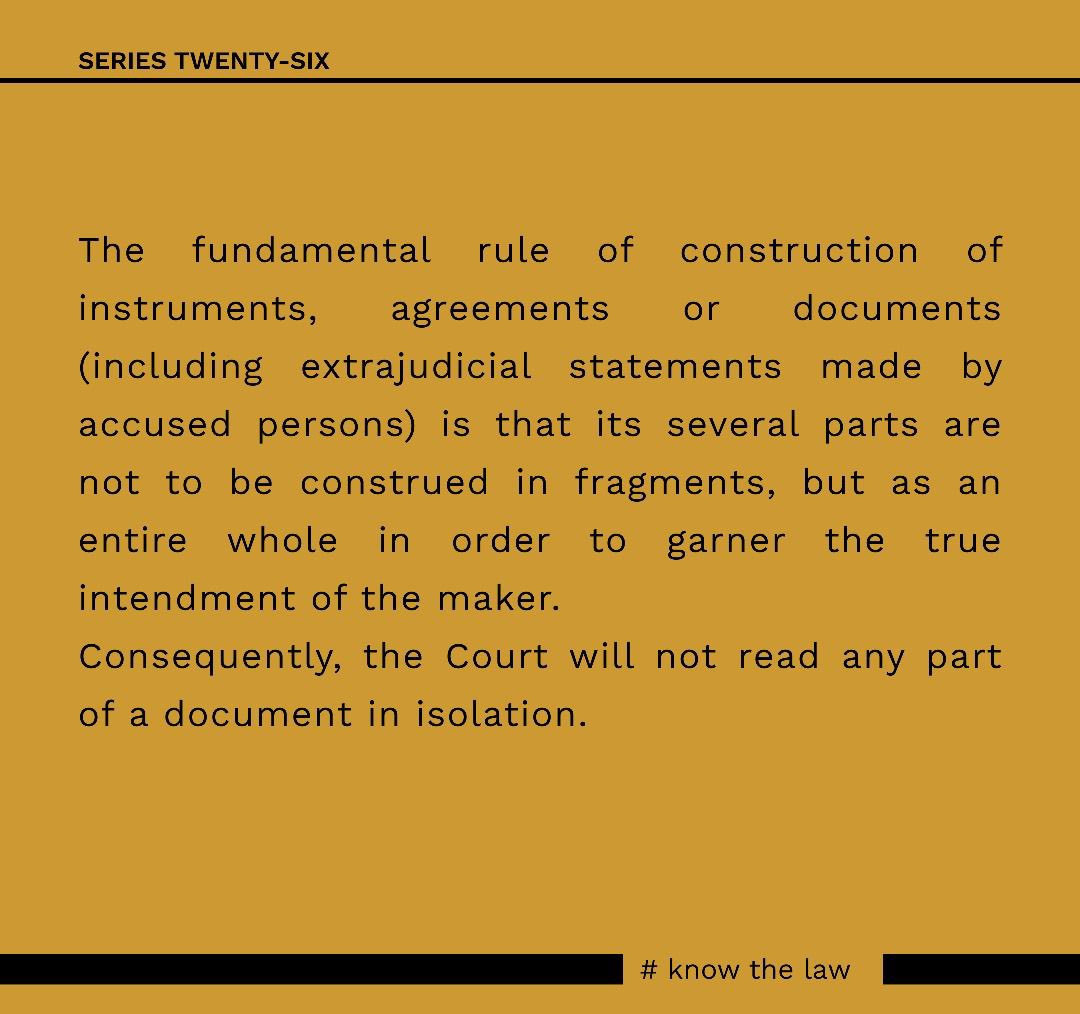 knowthelaw_'s tweet photo. In interpreting a document, same is not to be interpreted in pockets or isolation, but as one composite whole.

ATTOE &amp; ANOR v. ATTOEl &amp; ORS
(2021) LPELR-54143(CA) https://t.co/UpoFxbiGpL