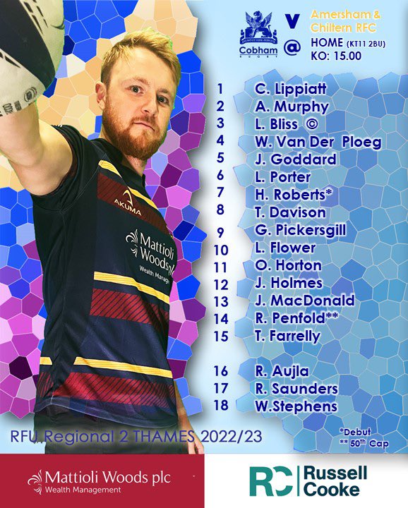 CobhamRFC's tweet photo. Game Day:  
Senior Fixtures 
Home 
1stxv v Amersham &amp; Chiltern 15.00 
Away 
Cobham XV v Battersea Ironsides 15.00 
@RC_Kingston @MattioliWoods #onecob All Support Welcome https://t.co/VJiivQgjCZ