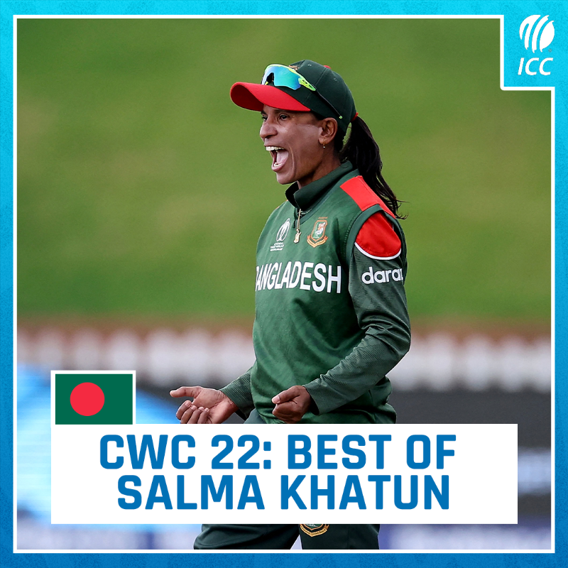 ICC's tweet photo. Happy birthday to Bangladesh's ace spinner, Salma Khatun 🎂 

On her special day, take a look at all her wickets from the ICC Women's @cricketworldcup 2022 📽️
