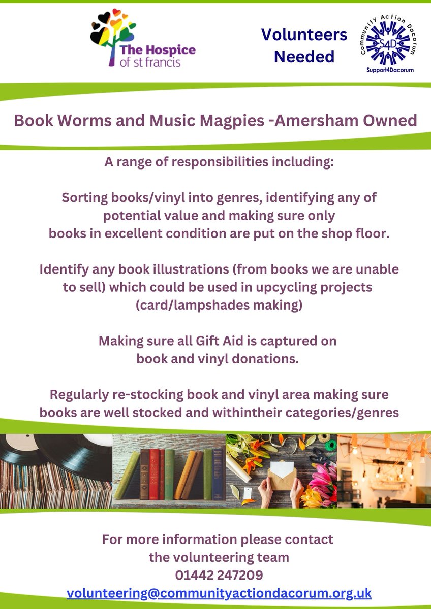 Volunteer Dacorum (@vcdacorum) on Twitter photo A range of responsibilities including:
Sorting books/vinyl into genres, identifying any of potential value and making sure only
books in excellent condition are put on the shop floor.
For more information please contact
01442 247209
volunteering@communityactiondacorum.org.uk A range of responsibilities including:
Sorting books/vinyl into genres, identifying any of potential value and making sure only
books in excellent condition are put on the shop floor.
For more information please contact
01442 247209
volunteering@communityactiondacorum.org.uk