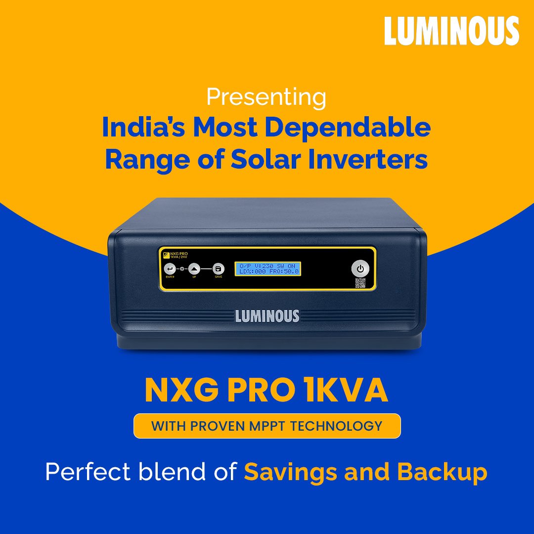 myluminous's tweet photo. Get an ideal blend of savings and backup with #LuminousNXGProSolarInverter! It comes with advanced #MPPTtechnology which utilizes #solar power smartly and maximizes your daily savings. It is easy to charge your batteries even on low voltage which enhances your power backup. https://t.co/7TtAQrJc2w