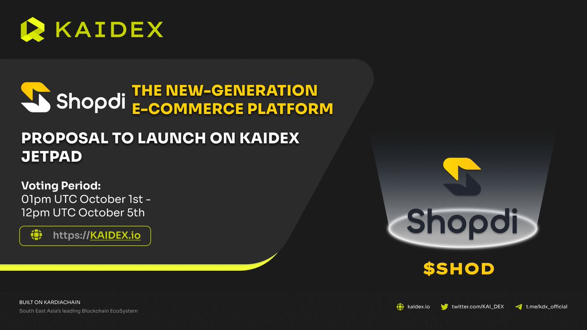 KAI_DEX's tweet photo. The new generation e-commerce platform @shopdi_official has proposed to launch on the KAIDEX JETPad!
To vote in favor of the launch, you can begin reviewing the proposal here:
https://t.co/ceMNma2LJw
Make sure to get your $KDX ready & secure your tier before snapshot time
#DAO https://t.co/HvmWBIzd3P