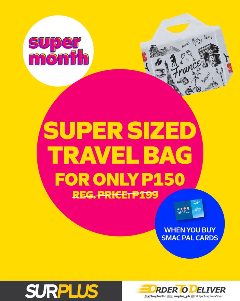 SurplusPH's tweet photo. Pack your bag for the next adventure with our Super Sized Travel Bag, now for only P150 when you buy the new SMAC-PAL card this #SurplusSuperMonth
• Order To Deliver, call your nearest Surplus branch to order
https://t.co/h4kV19oyFx https://t.co/Hp00Alhtan
