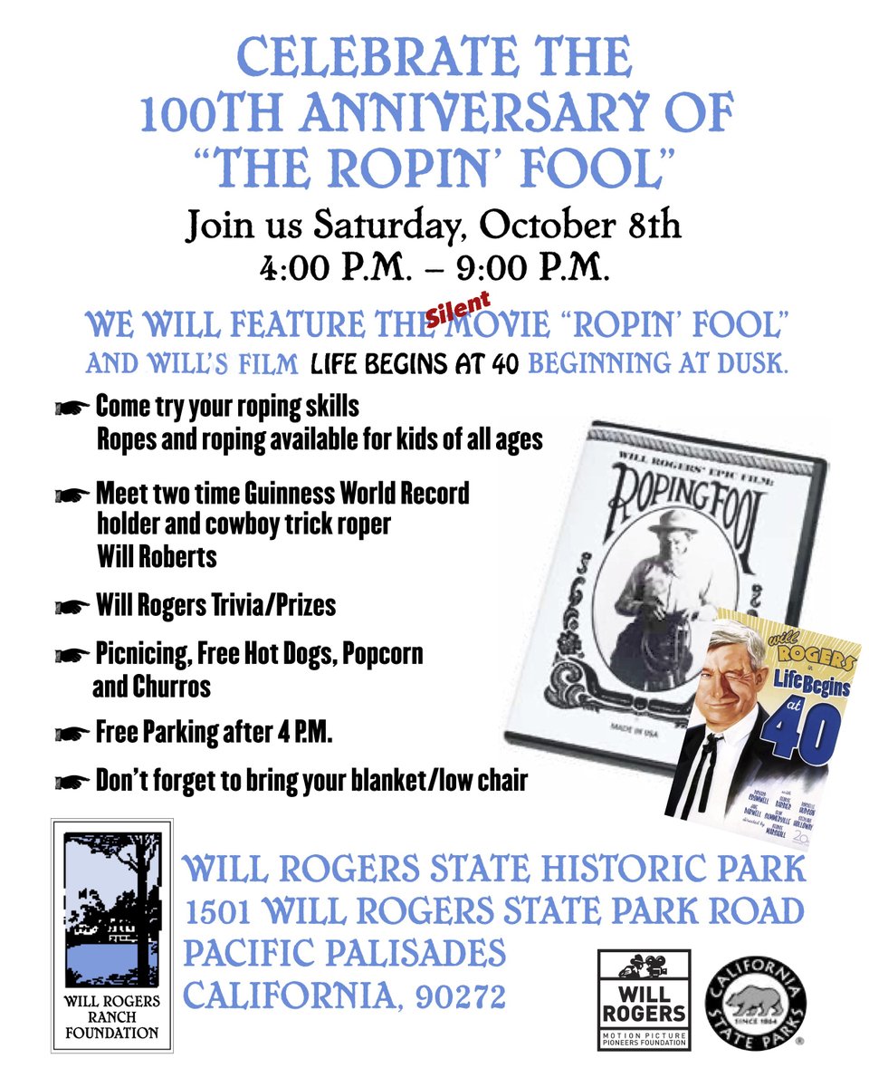 SOCAL friends! Join me NEXT SAT: I'm so thrilled for the return NEXT WEEK of "Will's Backyard Movie Night" with a free, family-focused screening of "The Ropin' Fool" at 100 — and so much more stuff! #WillRogers <a href="/wrpioneers/">Will Rogers Motion Picture Pioneers Foundation</a> #silentmovies #classicHollywood #laevents #lalife