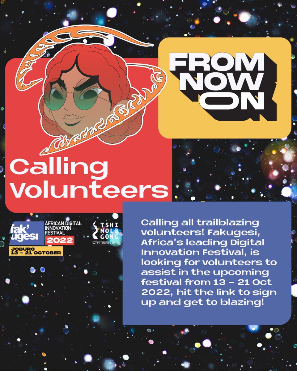 APPLY NOW! Fak’ugesi Festival Volunteers needed - Joburg based, passionate about digital creativity and innovation. 
We are searching for those looking to support our team in admin/planning, marketing, and events. airtable.com/shrGd4dOy5HKyx…

#Fakugesi2022 #FakugesiFestival2022