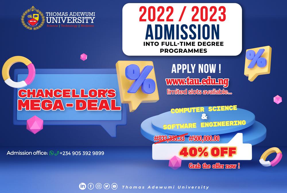 tau_university's tweet photo. Hurray🎉🎉🎉, Thomas Adewumi University is giving Scholarships to Admission Seekers in Computer Science and Software Engineering as sponsored by the Founder.
#tau #scholarship #limitedslot #applynow #tauscholarship #computerscience #softwareengineering #softwaredeveloper https://t.co/FXv5zv4wFE