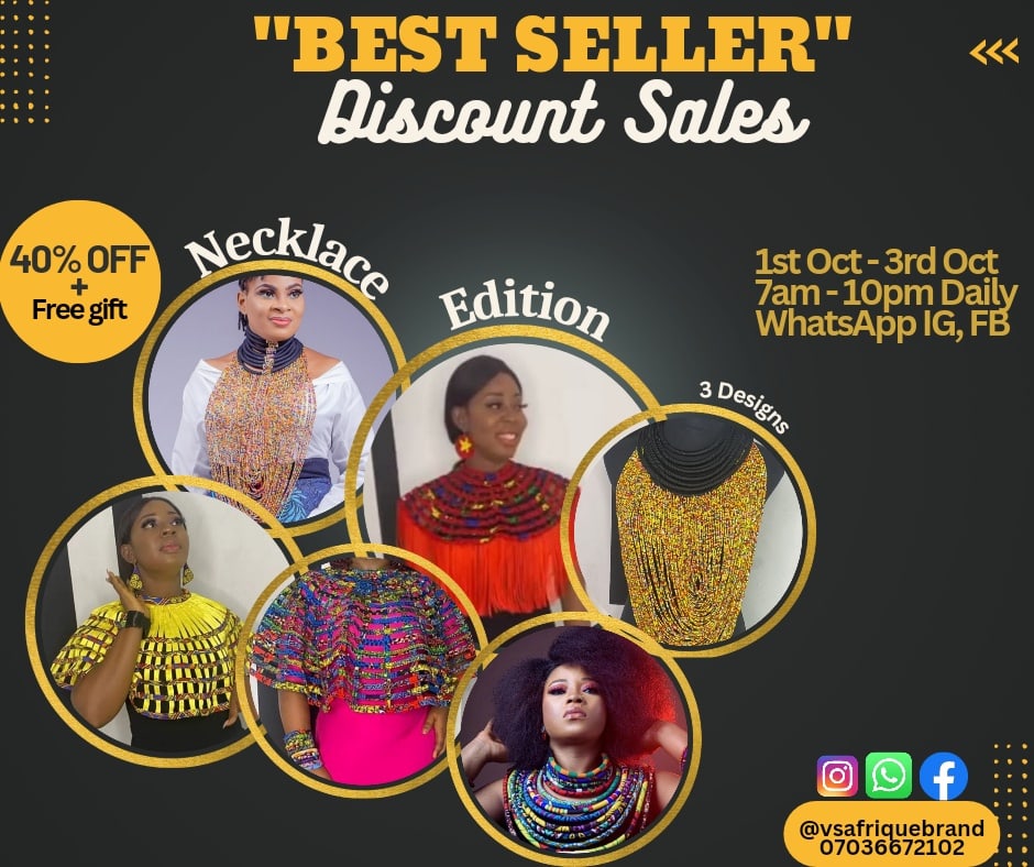 AliVirtue5's tweet photo. It's Sales Day
&amp; Happy Independence Day....

Welcome to a new month, filled with possiblilities.
Our "Best Seller" Discount Sales is up and trust me you shouldn't resist this deal.

40% off these 3 neckpiece Designs on the flier + a free gift.

#Lekkitollgate #IndependenceDay https://t.co/EeORSH43GN