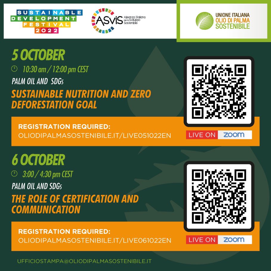 📆Oct 5 and 6 join a high-level panel of scientists and experts to discuss about #sustainablepalmoil role in #SDGs achievement #sustainablenutrition #zerodeforestation #certification #communication 
#sustainabledevelopmentfestival
register and read more 👇bit.ly/3rkqvmP