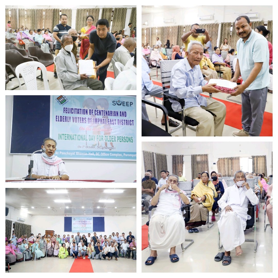 EastImphal's tweet photo. DEO, Imphal East under the aegis of Chief Electoral Officer,Manipur  felicitates the centenarian &amp; 80+ voters of Imphal East &amp; has handed over letter of gratitude from Chief Election Commissioner,ECI in a brief function on the occasion of ‘International Day of Older Persons,2022. https://t.co/KeBwHg0fLu