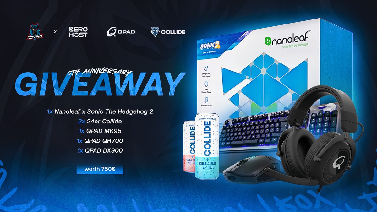 To celebrate our 5th anniversary, we are running a giveaway with our partners <a href="/BEROHOST/">BERO HOST</a>,  @QpadOfficial and <a href="/drink_COLLIDE/">COLLIDE</a>. 🥳

Enter here: gheed.com/giveaways/g-Q1… 

The giveaway ends on 09.10.2022 at 12:00 CEST.

Good luck! 🍀

#VPXFAM #VUPVUP