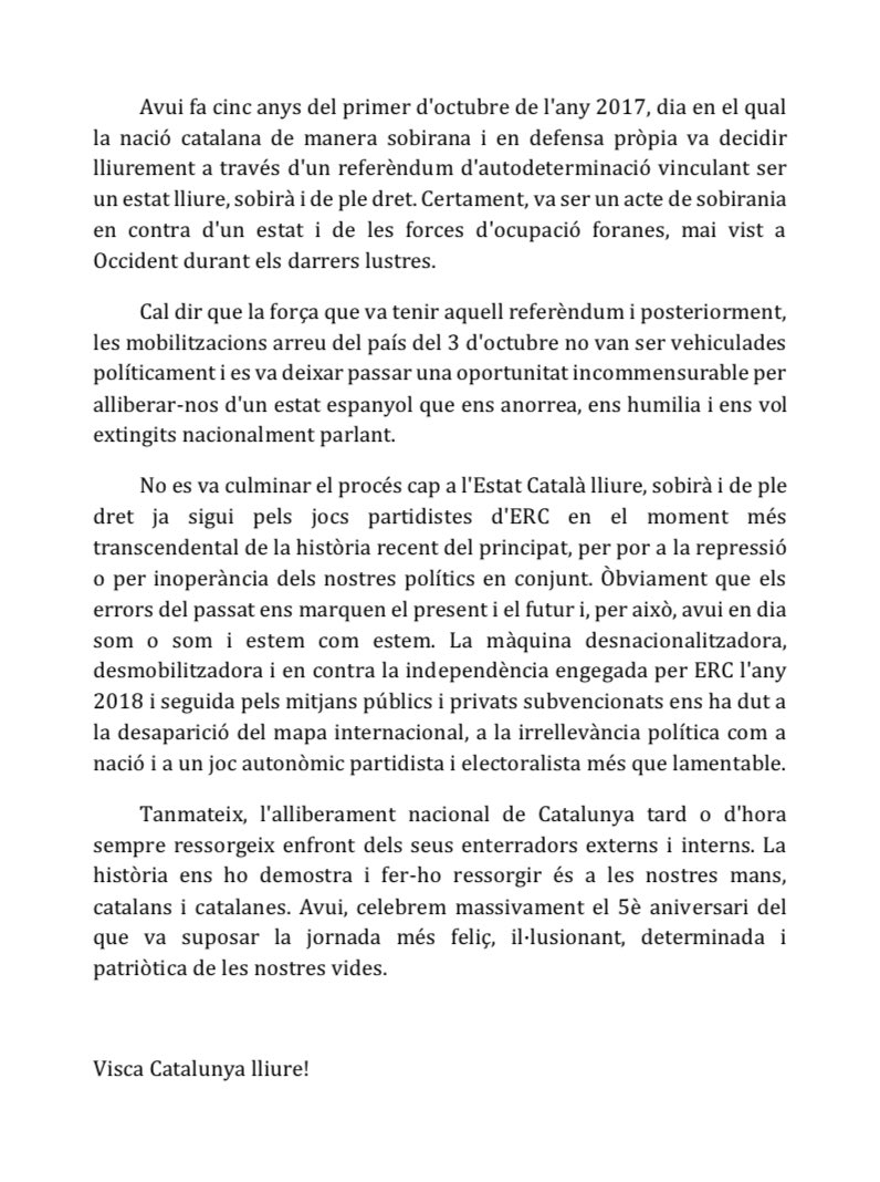 Us deixo unes breus reflexions personals sobre la commemoració del 5è aniversari del referèndum d'autodeterminació vinculant celebrat el primer d'octubre de l'any 2017.

Visca Catalunya lliure!

#1Octubre2022