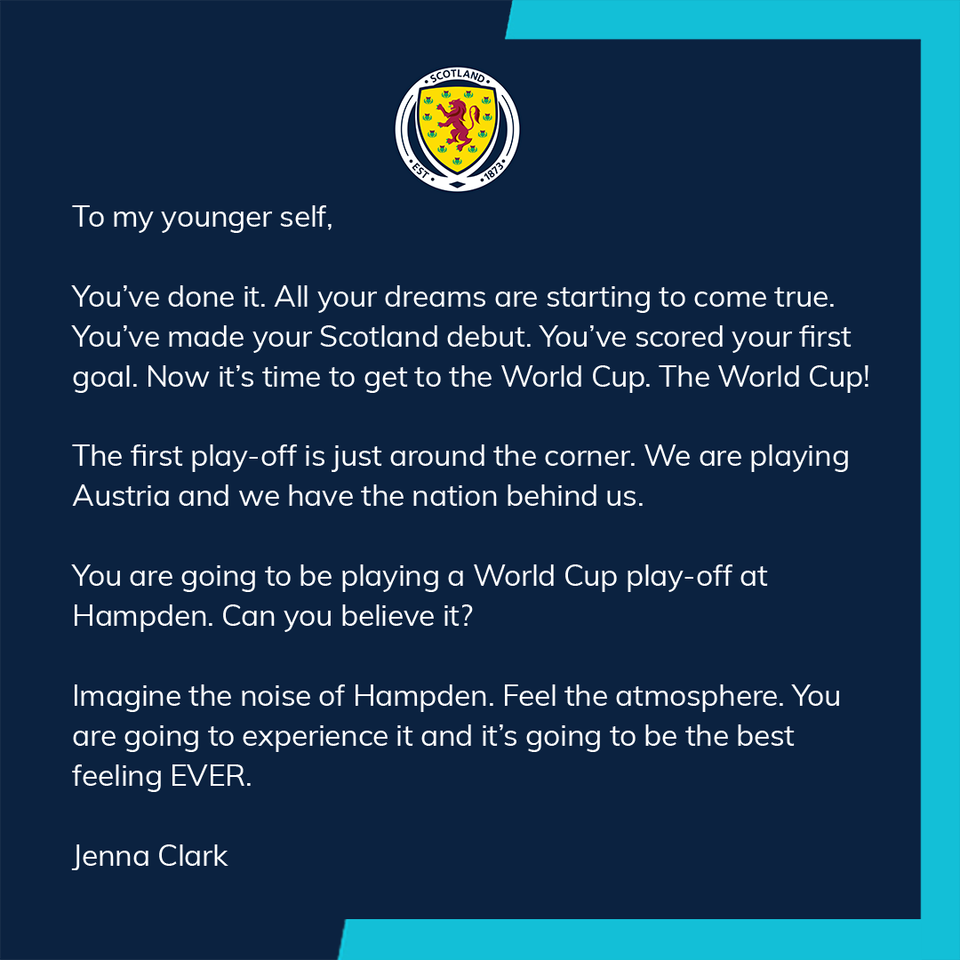 ScotlandNT's tweet photo. 🏴󠁧󠁢󠁳󠁣󠁴󠁿 ✍️ @jennaclark_01 is next to write a letter to her younger self ahead of next week's @FIFAWWC play-off.

Join the nation in getting behind Jenna and the team. 

➡️ Get your tickets here: https://t.co/mmWE0J0hbm

#SWNT https://t.co/VsVvDxwlJN