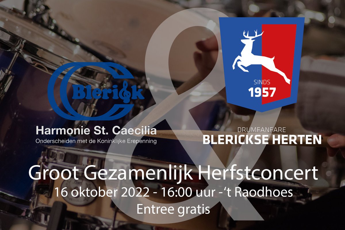 Samen muziek maken is nog leuker!

Kom gezellig naar het gezamenlijk herfstconcert van Harmonie St. Caecilia en <a href="/blerickseherten/">Blerickse Herten</a>. 
Beide zullen enkele muziekstukken ten gehore brengen en een aantal muziekstukken worden gezamenlijk uitgevoerd. 

Zien we jou op 16 oktober?