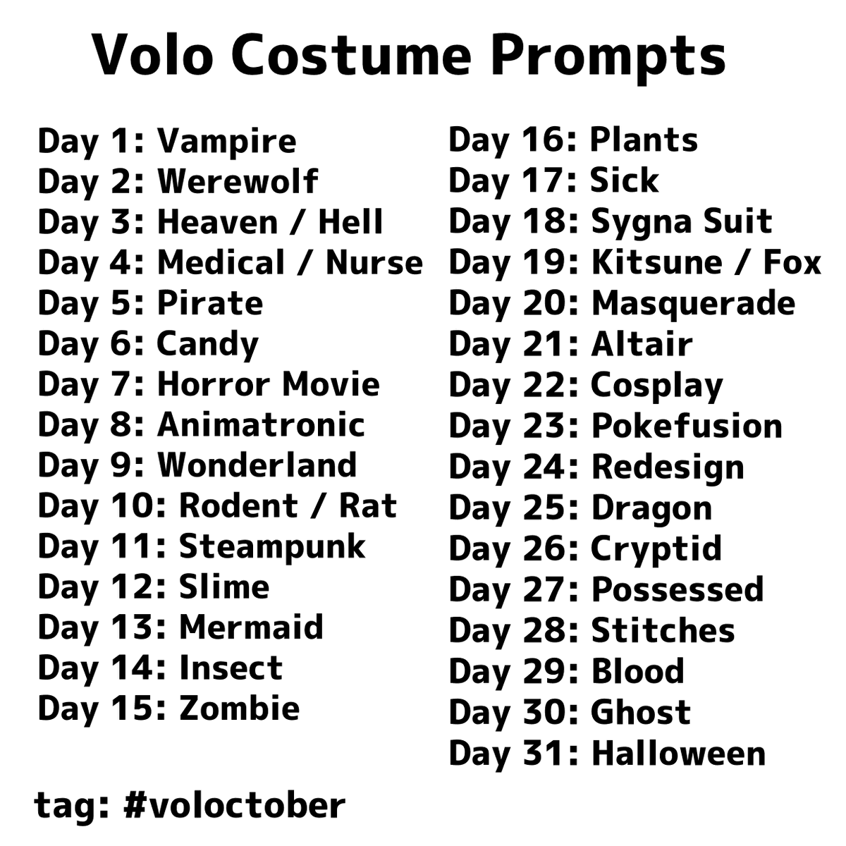 metalthighs's tweet photo. here's the final list of funny (nsfw) halloween costumes for volo as a countdown up to halloween! i will try to draw every day but might skip a few. feel free to draw one of these or maybe 2 - 3 of these, or maybe all...? use 'voloctober' in your post if you want the gang to see! https://t.co/4nbxeFxSP2