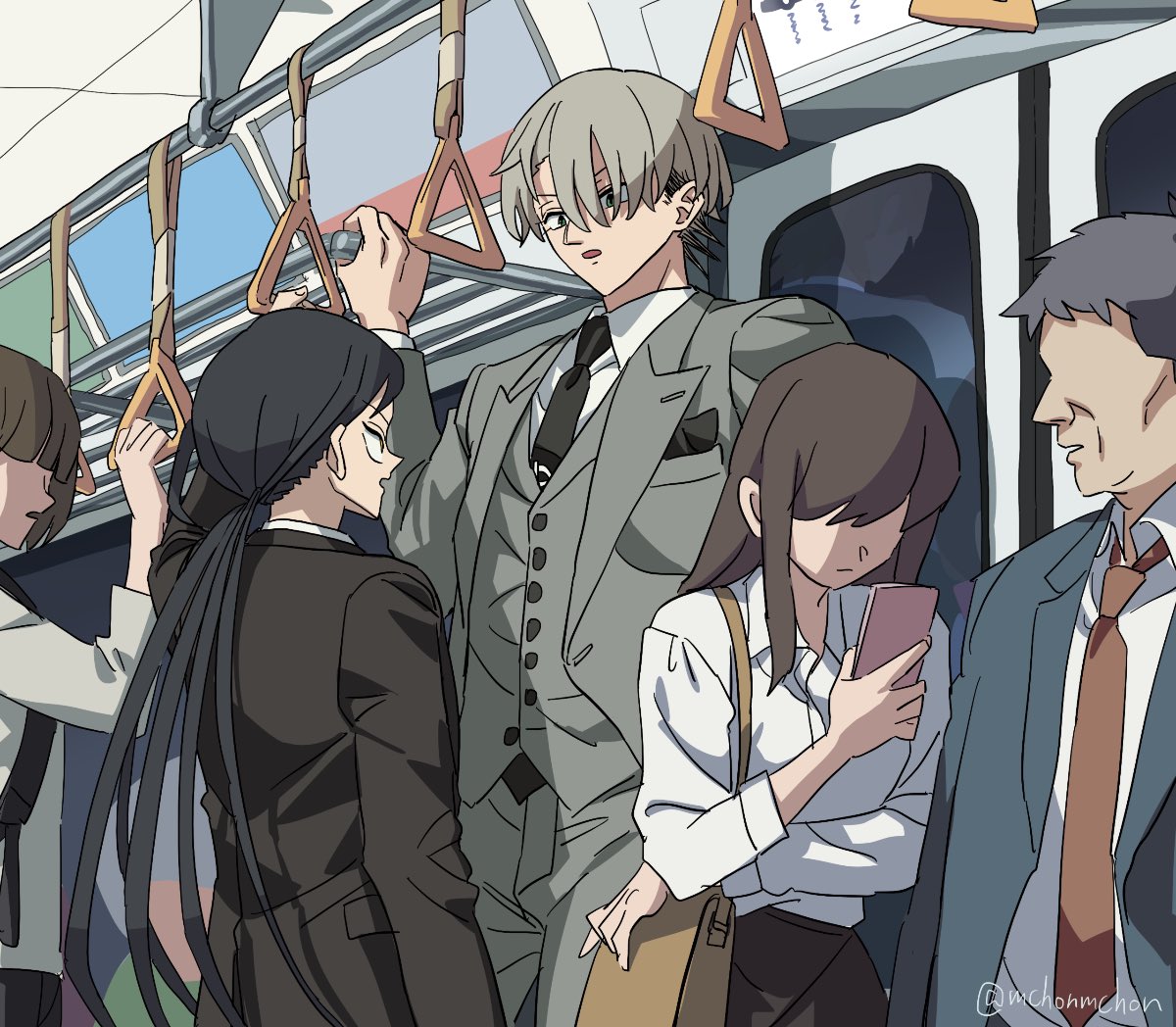 train interior multiple girls necktie phone suit formal faceless  illustration images