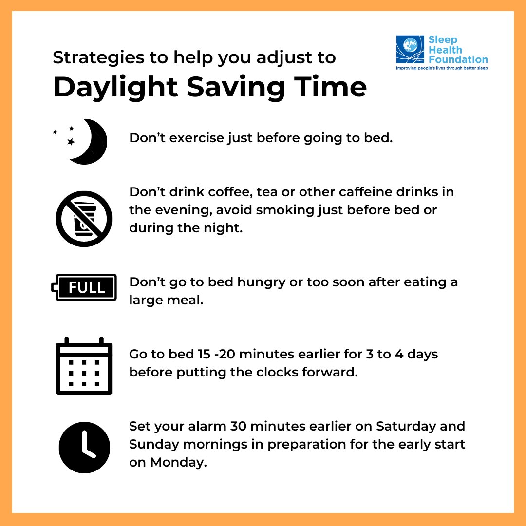 SHFAustralia's tweet photo. Overnight at 2am, clocks will turn forward one hour to 3am in NSW, Vic, SA, Tas, and the ACT, meaning a loss of one hour. 
We’ve compiled a list of 12 tips to help you adjust to the time difference. We’ve compiled 12 tips to help you adjust. 

More info: https://t.co/rewY5tkfgW https://t.co/UNaizbFXUq