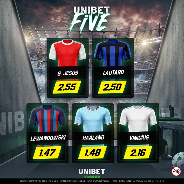 🗳️ Vous avez voté ! Voici votre 𝐔𝐧𝐢𝐛𝐞𝐭 𝐅𝐢𝐯𝐞 du week-end 🖐️

🤑 Unibet lâche 10 x 10€ de Freebets si 3 des 5 joueurs de l'équipe marquent ! 

👉 RT/Follow + #UnibetFive + ton pseudo.
🍀 TAS lundi.