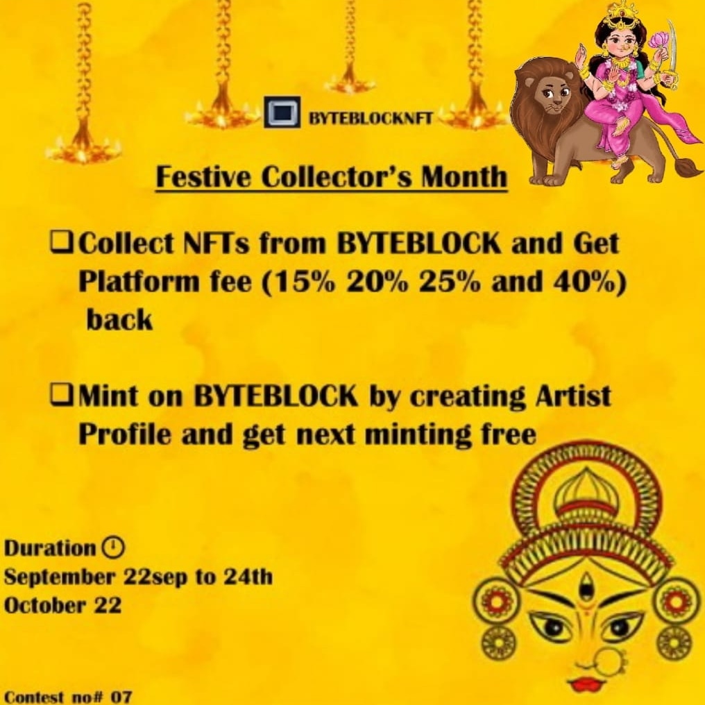 Prati_ks's tweet photo. Celebrate🎉 with #ByteBlockNFT marketplace and Participate our "FESTIVE COLLECTORS MONTH" contest.
AND GET BEST OFFERS FOR #NFTartists
#nftcollectors
✔️40% platform fee back if you collect more than 5 NFTs
✔️Mint on BYTEBLOCK by creating Artist Profile and get 1st minting free https://t.co/6GCwCOn7hA