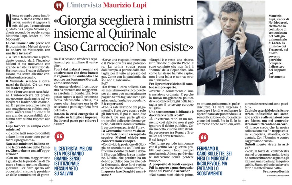 Il Governo che nascerà sarà il primo esecutivo con maggioranza politica votata dagli elettori dopo 11 anni. Come #centrodestra daremo subito risposte concrete alla crisi, usando lo stesso metodo che ci ha portato a sottoscrivere un programma unitario.

L’intervista al Messaggero