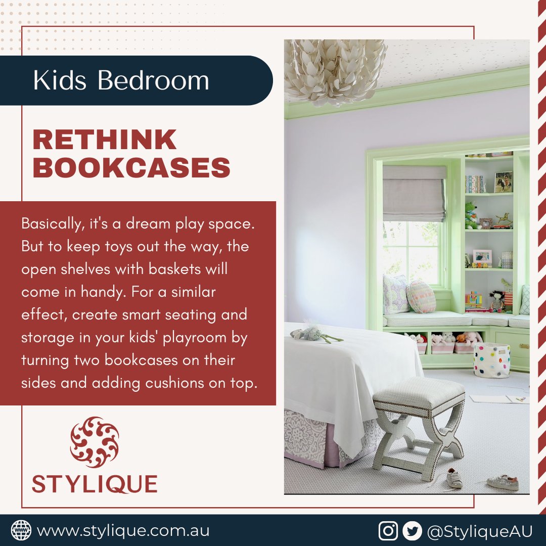 For a similar effect, create smart seating and storage in your kids' playroom by turning two bookcases on their sides and adding cushions on top.🥳

#kidsbedroomideas #kidsdesign #kidsroominspiration