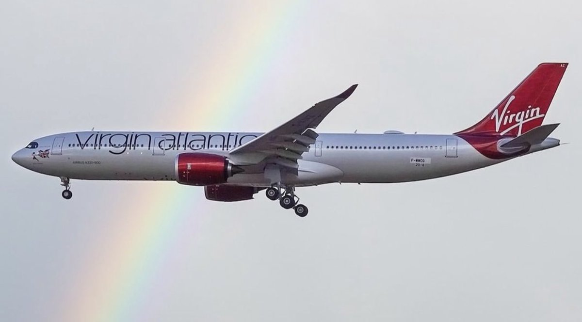 VirginAtlantic's tweet photo. Big things are landing this month with our very first A330neo being delivered. Here’s Billie Holiday, spotted taking flight in Toulouse 🌈

📷: euro spot https://t.co/u0001hkJ4x