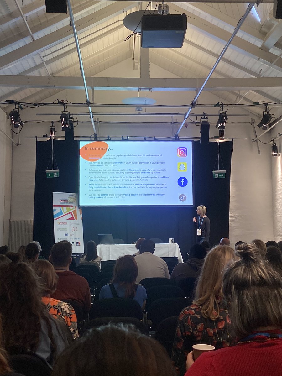 Great talk from @JoRobinson_Aus about the chatsafe project working on guidelines to communicate safely about suicide on social media <a href="/iaymh/">IAYMH</a>