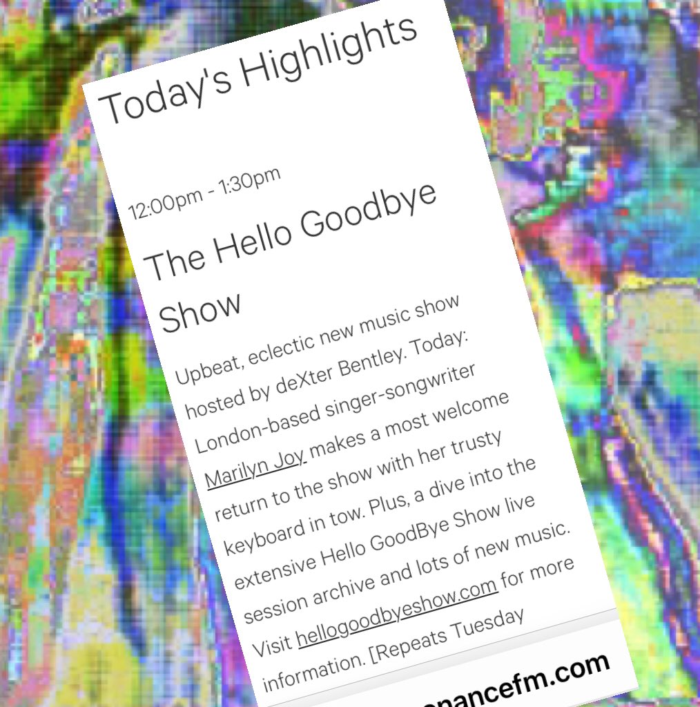 Midday - 1.30pm (GMT), Today Sat 1st Oct 2022 #hellogoodbyeshow #resonancefm #dexterbentley #marilynjoy #pineygir #sandydillon #hannahmouleandthemoulettes  #dukegarwood #lizikamba #anrimeal #thesilverpanda #helenmcookerybook #redperil #dalum #abstractconcrete <a href="/ResonanceFM/">Resonance FM</a>