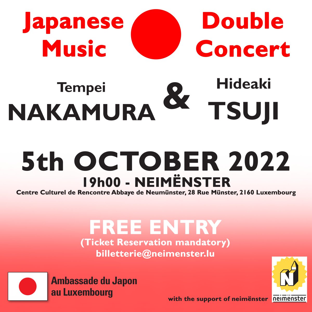 JapanEmbLUX's tweet photo. REMINDER! We also still have tickets for the JAPANESE DOUBLE CONCERT in Neimenster, Luxembourg City, next week! 🎹🪕🎼🇯🇵🇱🇺
Enjoy traditional shamisen music and contemporary Japanese piano! And it's FREE! ✨👀 Tickets: billetterie@neimenster.lu
#luxembourg #neimenster https://t.co/4LHrdMIjeG