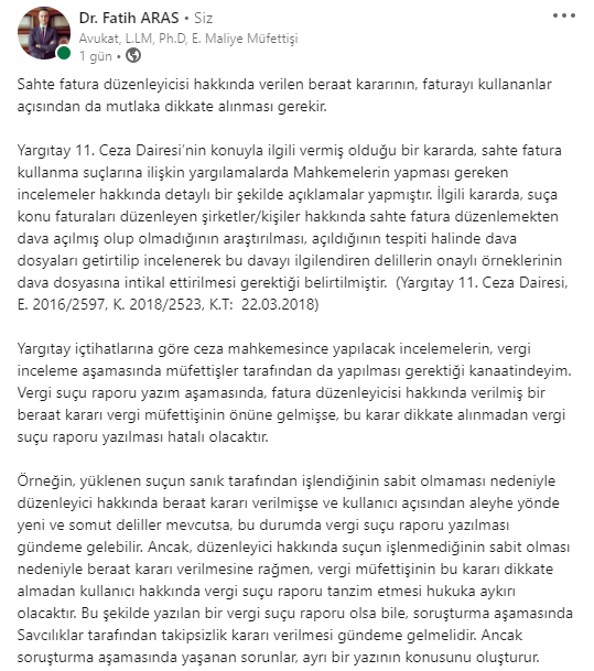 ftharas's tweet photo. Sahte fatura düzenleyicisi hakkında verilen beraat kararının, faturayı kullananlar açısından da dikkate alınması gerekir. https://t.co/CJ8zxZ1NWu