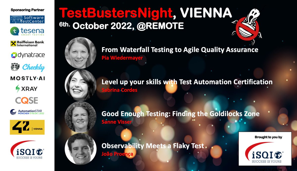 Who ya gonna call? TestBustersNight -we called @SimplySanne, @qualitypassion and Giang Hohmann -join bit.ly/3BbwbVX brought to you by <a href="/iSQICert/">iSQI</a> supported by <a href="/IVM_at/">IVM Technical Consultants</a> @TesenaCZ <a href="/Dynatrace/">Dynatrace</a> <a href="/checklyHQ/">Checkly</a> <a href="/mostly_ai/">MOSTLY AI</a> @RBI_Presse <a href="/ask_ui/">AskUI</a> <a href="/Qcademy/">Qcademy</a> <a href="/XrayApp/">Xray</a> <a href="/cqse/">CQSE GmbH</a> @42Vienna